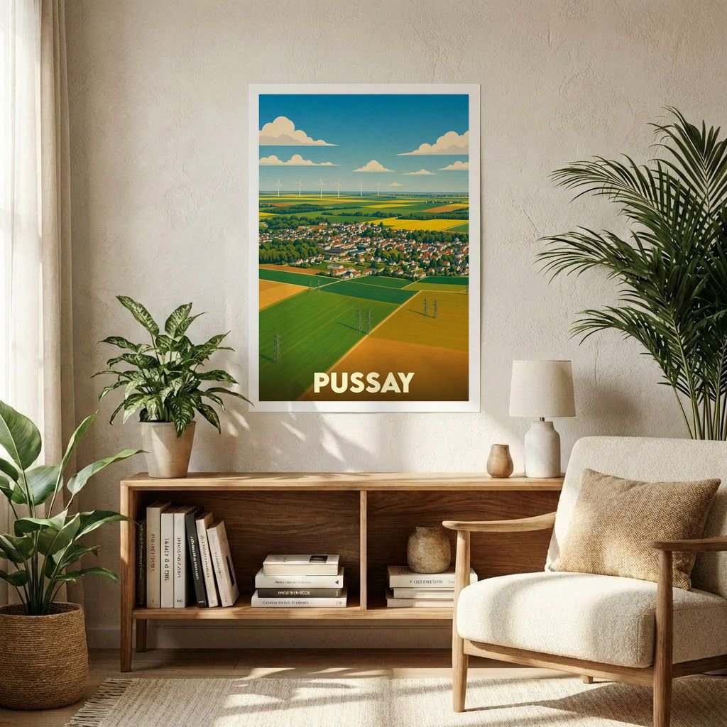 Affiche souvenir de la ville de Pussay avec une illustration stylisée de ses paysages et de ses champs.