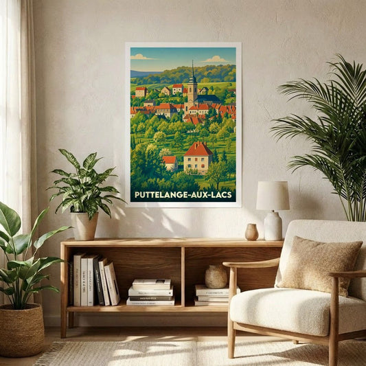 Affiche souvenir de la ville de Puttelange-aux-Lacs avec une illustration stylisée de son paysage urbain et verdoyant.