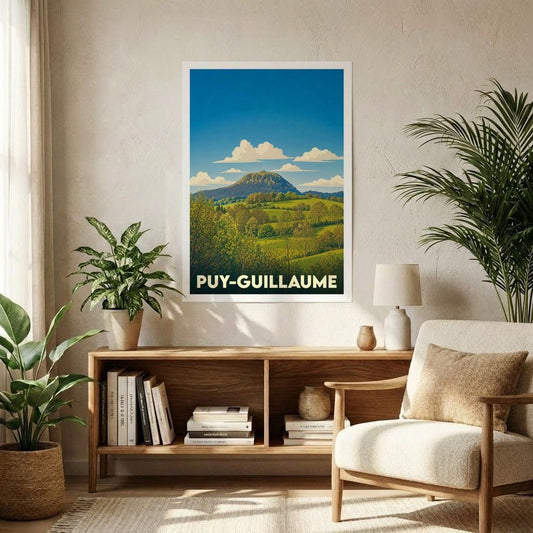 Affiche souvenir de la ville de Puy-Guillaume représentant un paysage de collines verdoyantes dans un style vintage.