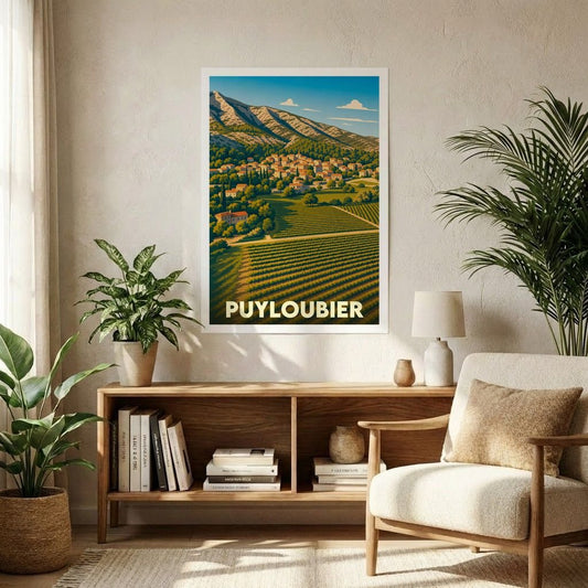 Affiche souvenir de la ville de Puyloubier avec une illustration stylisée de son paysage provençal.