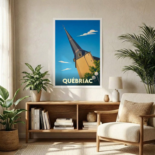 Affiche souvenir de la ville de Québriac avec une illustration stylisée d'un clocher d'église.