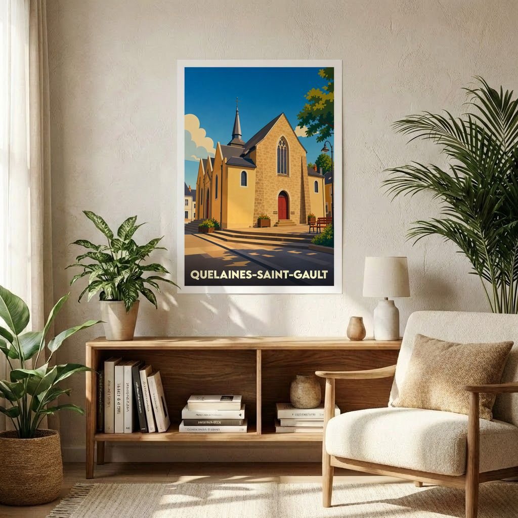 Affiche souvenir de la ville de Quelaines-Saint-Gault avec une illustration stylisée de son église sous un ciel bleu.