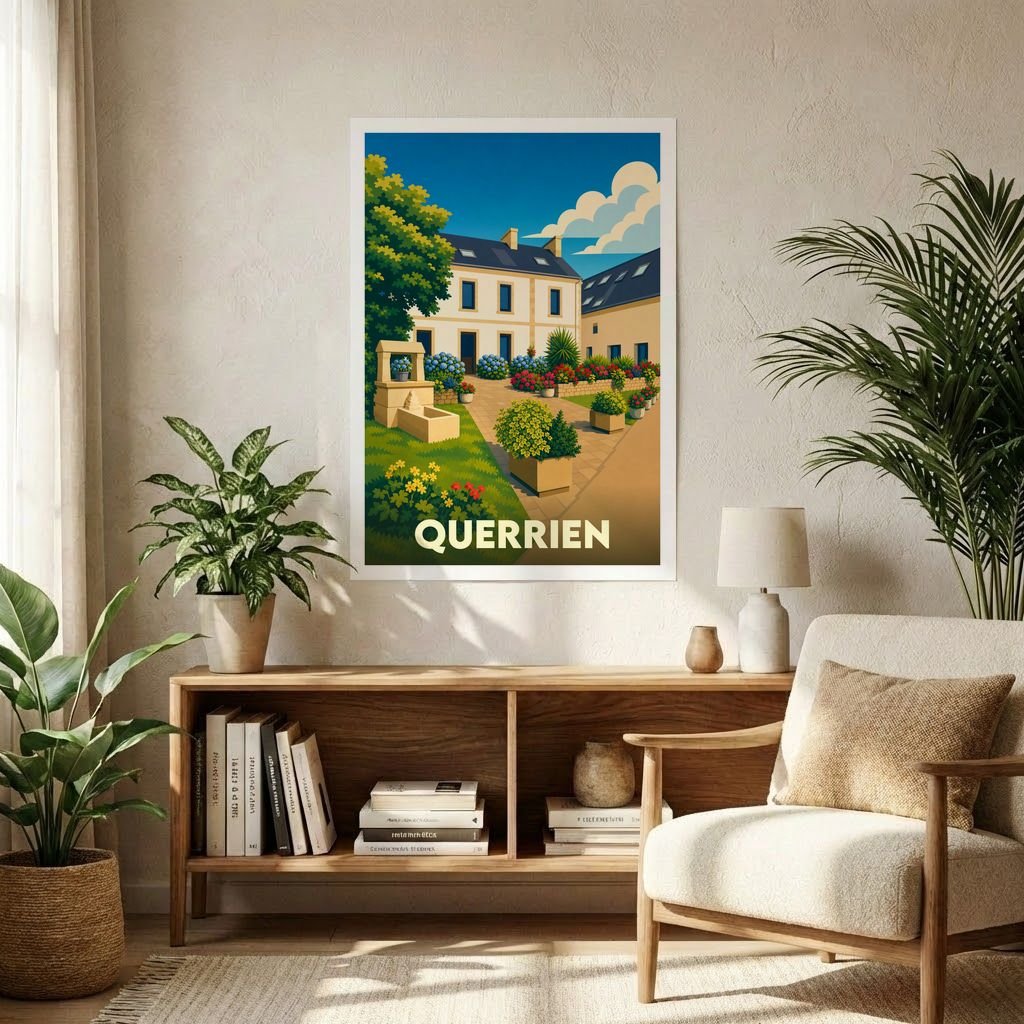 Affiche souvenir de la ville de Querrien représentant une place fleurie dans un style graphique épuré.