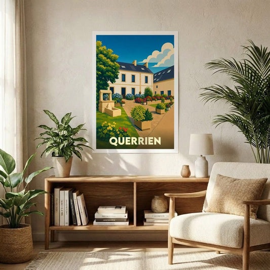 Affiche souvenir de la ville de Querrien représentant une place fleurie dans un style graphique épuré.