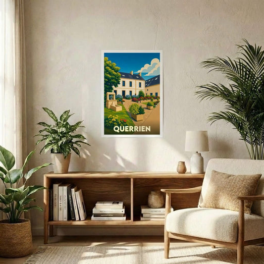 Affiche souvenir de la ville de Querrien présentant une illustration stylisée d'une cour fleurie.