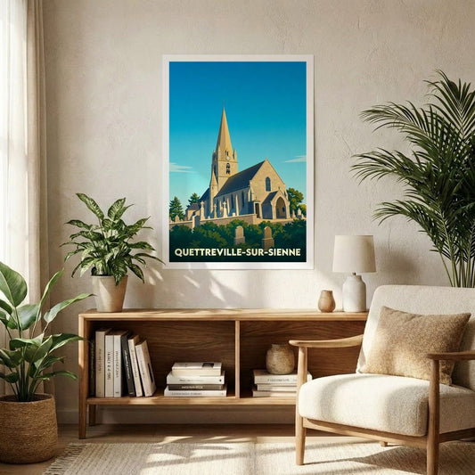 Affiche souvenir de la ville de Quettreville-sur-Sienne avec une illustration stylisée de son église.