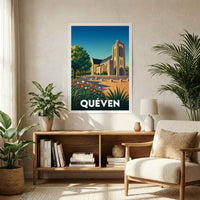 Affiche souvenir de la ville de Quéven avec une illustration stylisée et colorée de son église.