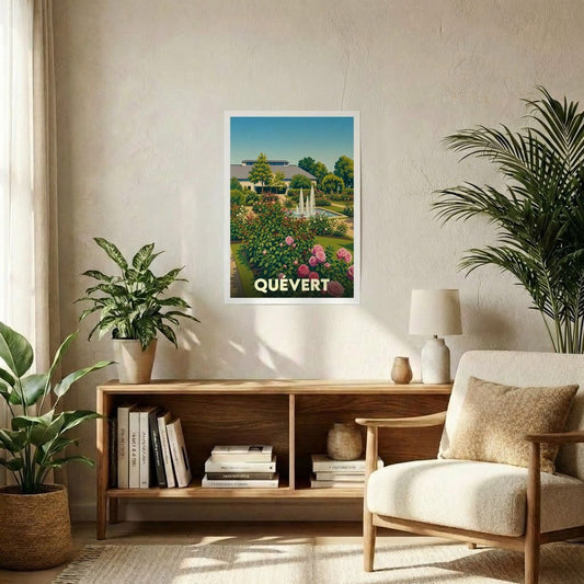 Affiche souvenir de la ville de Quévert illustrant un jardin fleuri avec une fontaine.