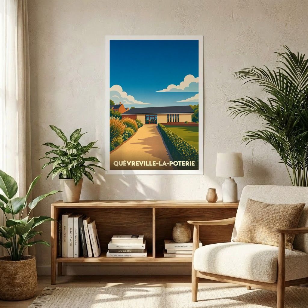 Affiche souvenir de la ville de Quévreville-la-Poterie avec une illustration stylisée d'un paysage local.