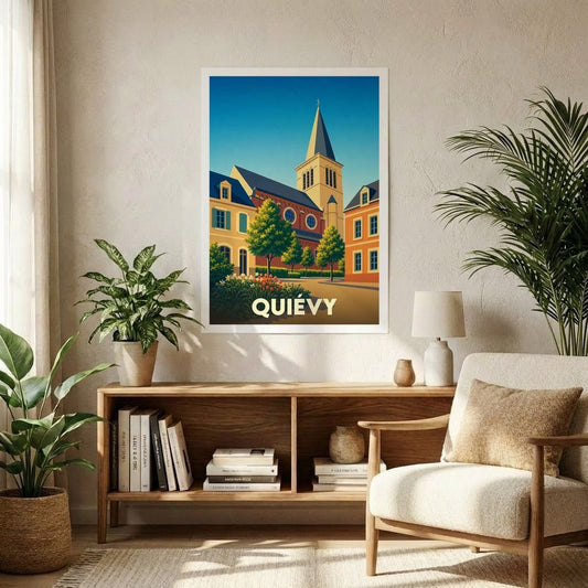 Affiche souvenir de la ville de Quiévy avec une illustration stylisée d'une église et de maisons colorées.