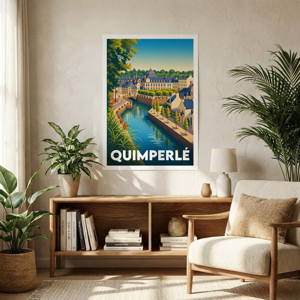 Affiche souvenir de la ville de Quimperlé avec une illustration stylisée.