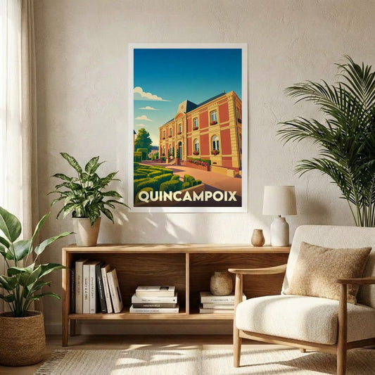 Affiche souvenir de la ville de Quincampoix avec une illustration stylisée d'un bâtiment remarquable.
