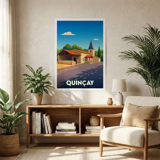 Affiche souvenir de la ville de Quinçay avec une illustration stylisée d'un paysage urbain.