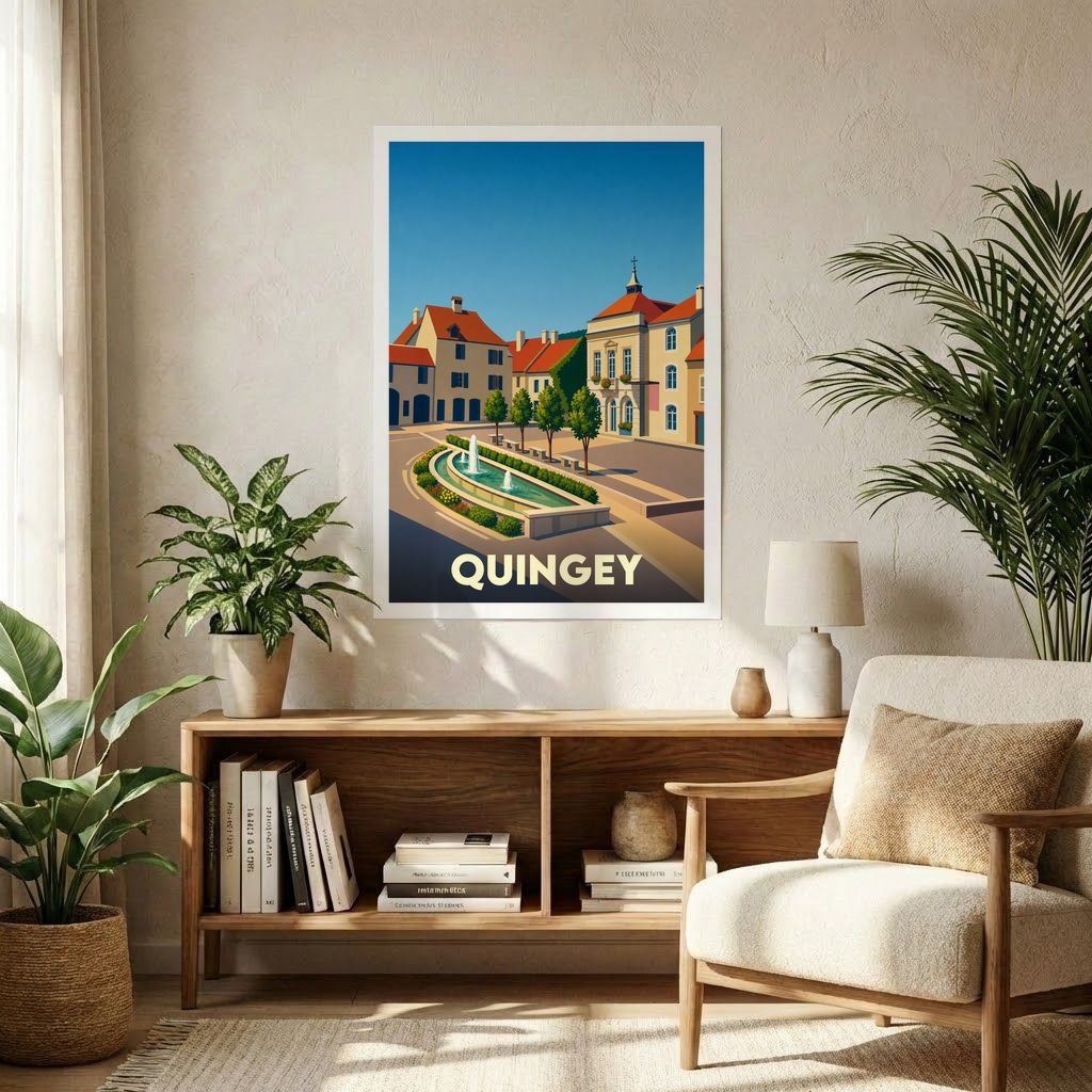 Affiche souvenir de la ville de Quingey représentant une place ensoleillée avec une fontaine centrale dans un style graphique épuré.