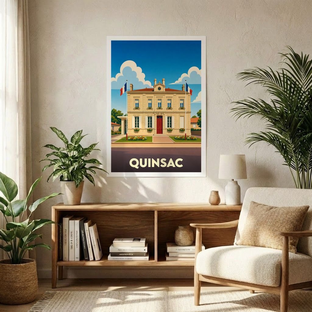 Affiche souvenir de la ville de Quinsac avec une illustration stylisée de sa mairie.