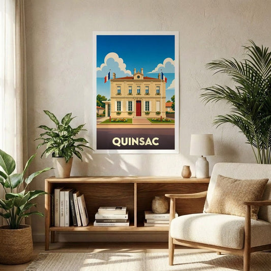 Affiche souvenir de la ville de Quinsac avec une illustration stylisée de sa mairie.