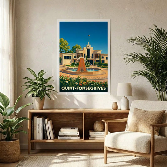 Affiche souvenir de la ville de Quint-Fonsegrives avec une illustration stylisée d'une place ensoleillée et de sa fontaine.