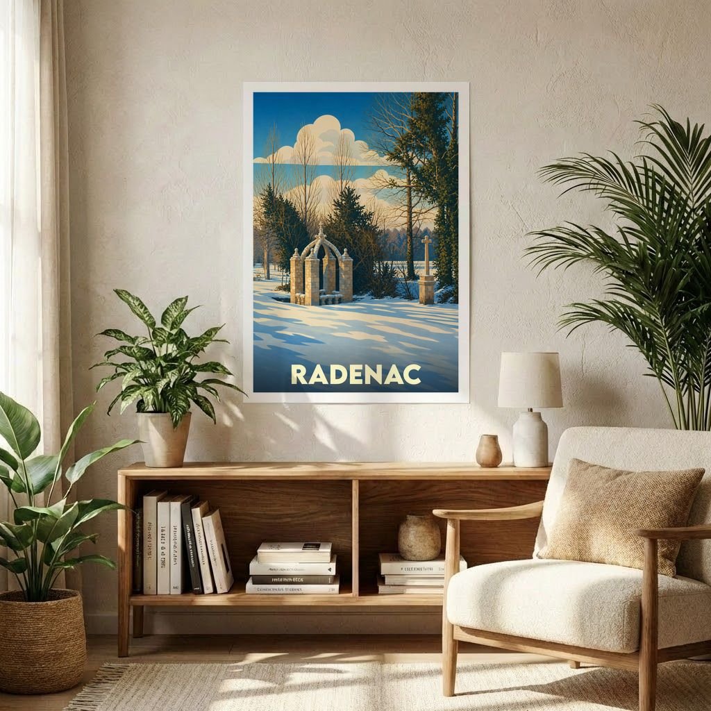 Affiche souvenir de la ville de Radenac illustrant un paysage enneigé avec une fontaine historique.