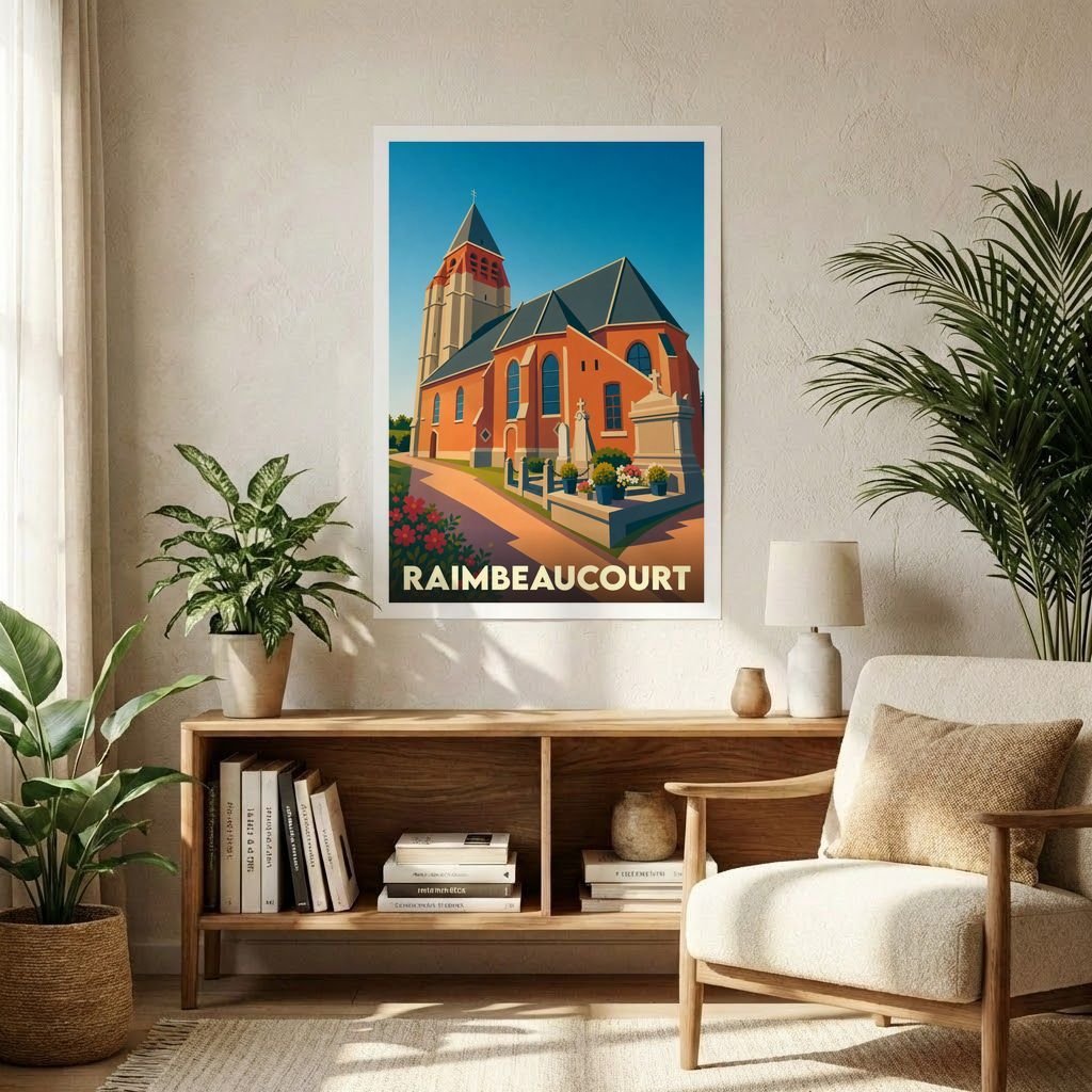 Affiche souvenir de la ville de Raimbeaucourt illustrant son église dans un style graphique épuré et coloré.