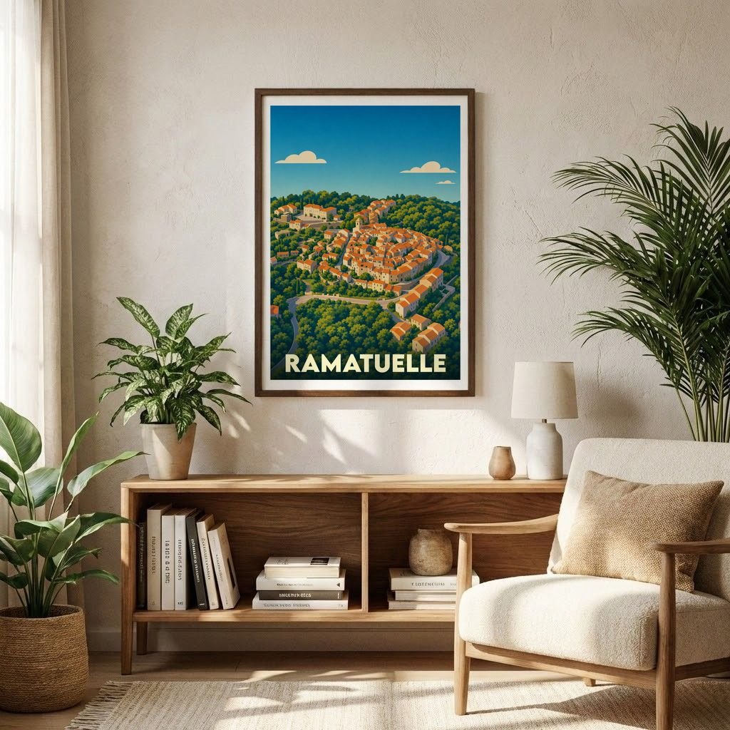 Affiche souvenir de la ville de Ramatuelle avec une illustration stylisée et colorée.