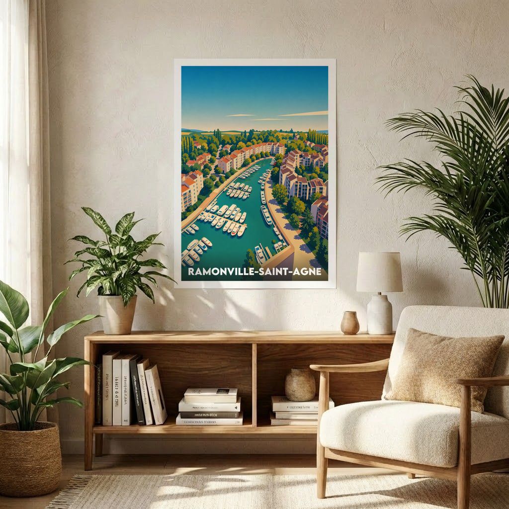 Affiche souvenir de la ville de Ramonville-Saint-Agne avec une illustration stylisée de son port de plaisance.