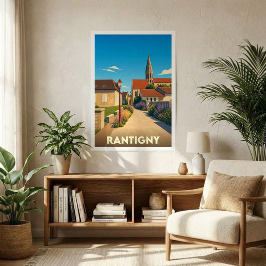Affiche souvenir de la ville de Rantigny avec une illustration stylisée et colorée d'une rue menant à l'église.