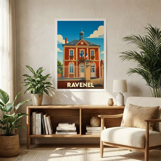 Affiche souvenir de la ville de Ravenel avec une illustration stylisée de son hôtel de ville.