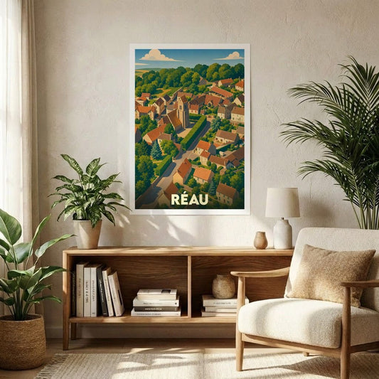 Affiche souvenir de la ville de Réau représentant une vue aérienne illustrée du village dans un style vintage.