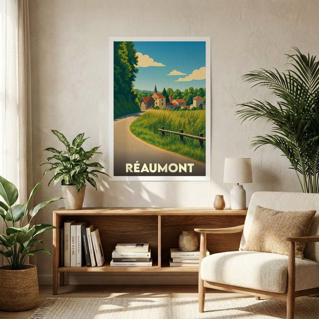 Affiche souvenir de la ville de Réaumont avec une illustration de paysage de campagne stylisée.