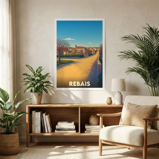 Affiche souvenir de la ville de Rebais avec une illustration stylisée et colorée.