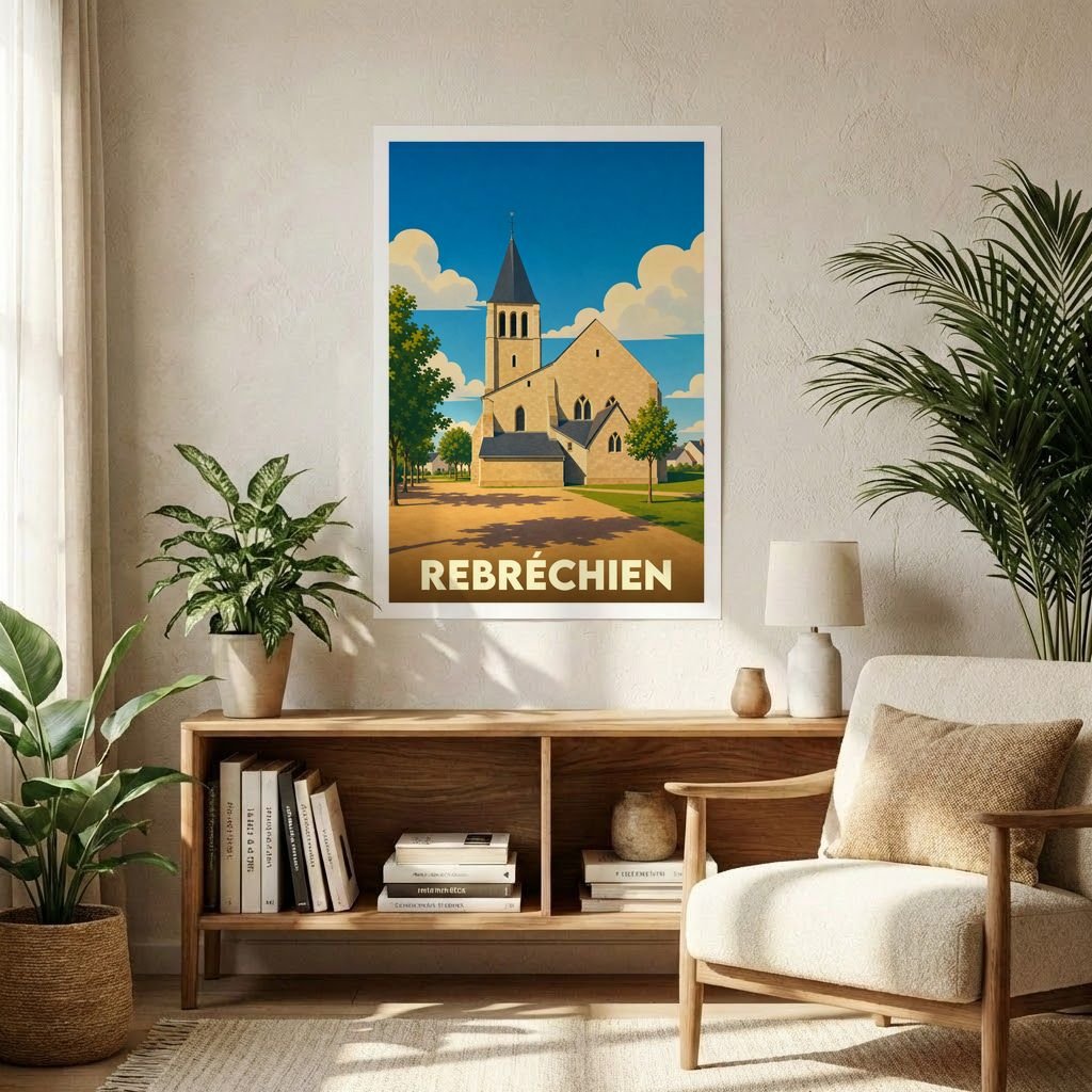 Affiche souvenir de la ville de Rebréchien représentant son église dans un style graphique rétro.