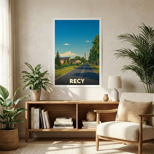 Affiche souvenir de la ville de Recy représentant une route de campagne sous un ciel bleu dégagé.