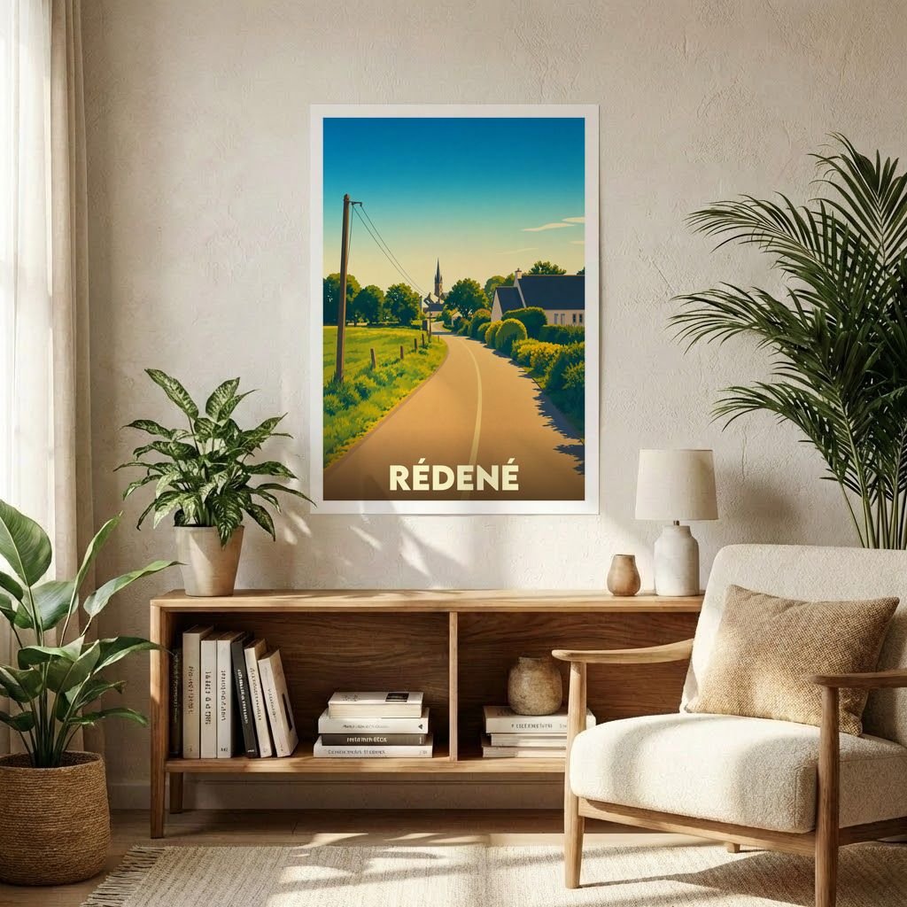 Affiche souvenir de la ville de Rédené illustrant une route de campagne paisible menant au clocher de l'église.