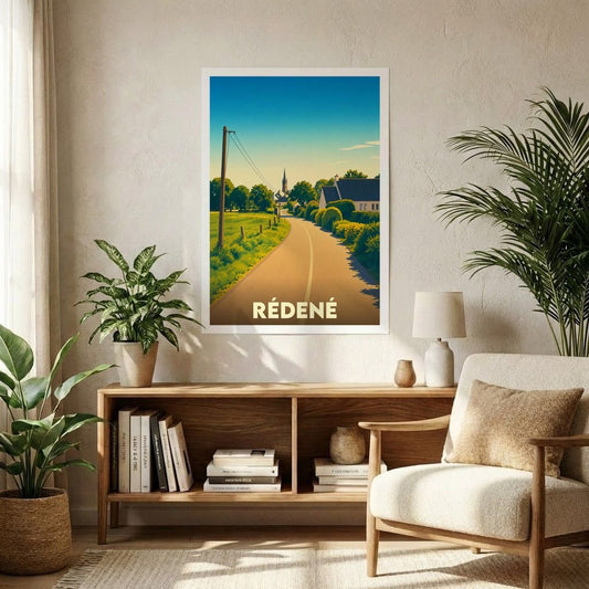 Affiche souvenir de la ville de Rédené illustrant une route de campagne paisible menant au clocher de l'église.