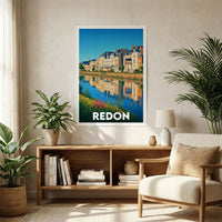 Affiche souvenir de la ville de Redon présentant une illustration stylisée des quais se reflétant dans l'eau.