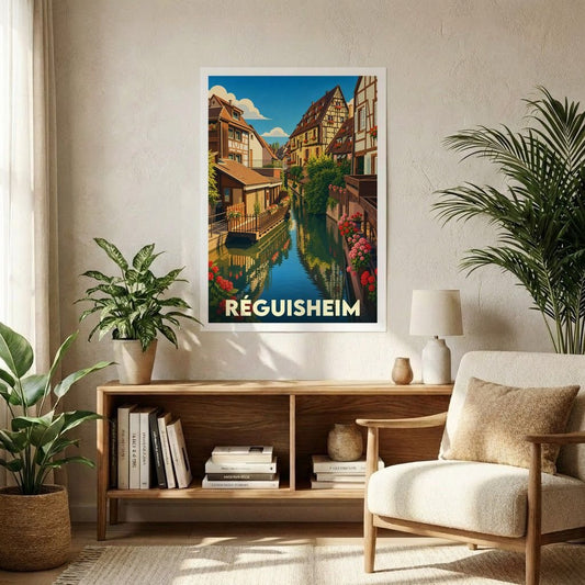 Affiche souvenir de la ville de Réguisheim représentant une vue pittoresque de ses maisons à colombages au bord de l'eau.