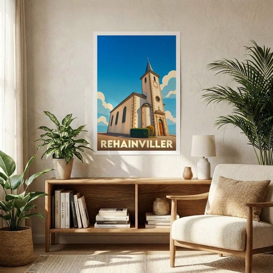 Affiche souvenir de la ville de Rehainviller avec une illustration stylisée de son église sous un ciel bleu.