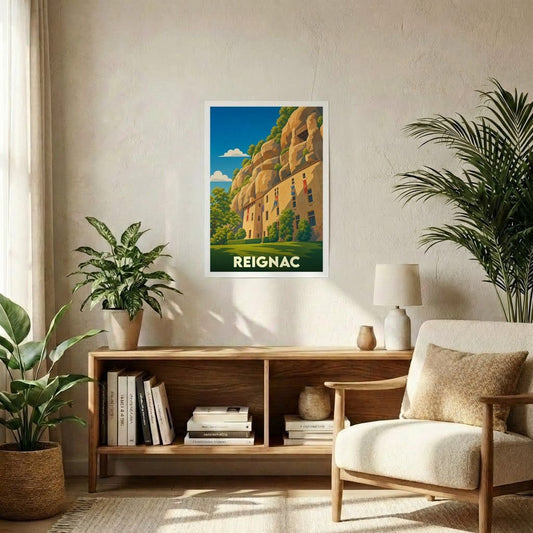 Affiche souvenir de la ville de Reignac avec une illustration stylisée.