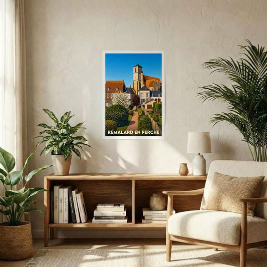 Affiche souvenir de la ville de Rémalard en Perche avec une illustration stylisée de son église et de ses jardins.
