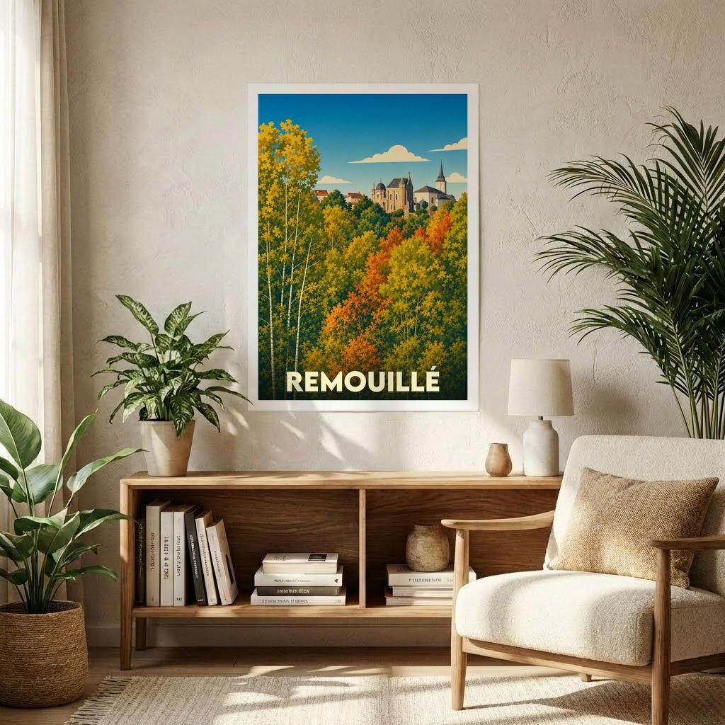 Affiche souvenir de la ville de Remouillé présentant une illustration stylisée d'un paysage arboré et de son église.