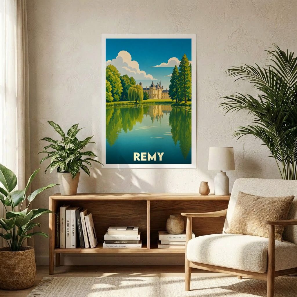 Affiche souvenir de la ville de Remy avec une illustration stylisée d'un château se reflétant dans l'eau.