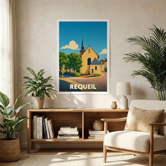 Affiche souvenir de la ville de Requeil avec une illustration stylisée d'une église sous un ciel bleu.