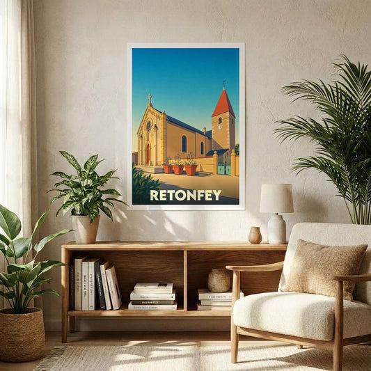 Affiche souvenir de la ville de Retonfey avec une illustration stylisée de son église sous un ciel azur.