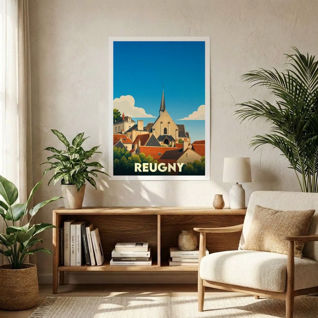 Affiche souvenir de la ville de Reugny illustrant son église et ses toits dans un style rétro épuré.