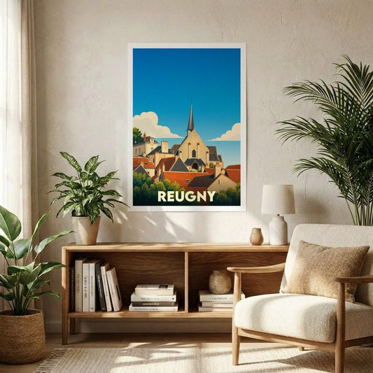 Affiche souvenir de la ville de Reugny illustrant son église et ses toits dans un style rétro épuré.