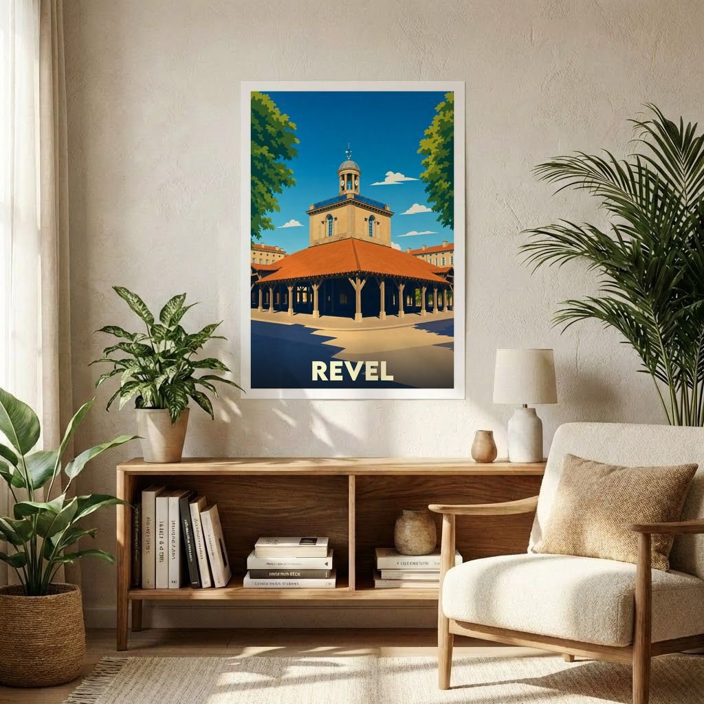 Affiche souvenir de la ville de Revel avec une illustration stylisée de sa halle centrale.