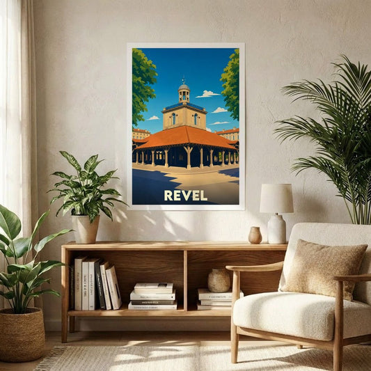 Affiche souvenir de la ville de Revel avec une illustration stylisée de sa halle centrale.
