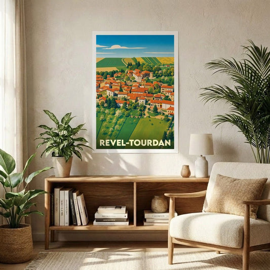 Affiche souvenir de la ville de Revel-Tourdan avec une illustration stylisée d'un village pittoresque niché dans la campagne.