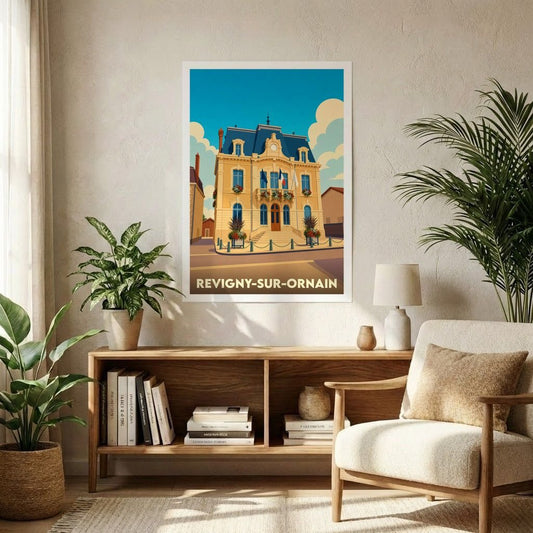 Affiche souvenir de la ville de Revigny-sur-Ornain avec une illustration stylisée de son hôtel de ville.