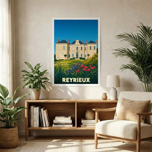 Affiche souvenir de la ville de Reyrieux illustrant son château dans un style vintage et coloré.